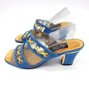 Fashion Influences Shoes Women's 8M Jean Blue Gold Slip On Heels